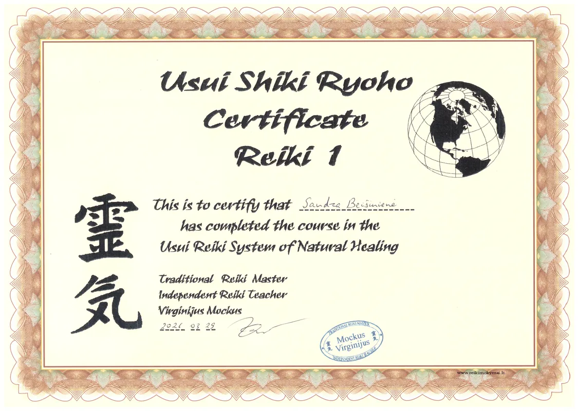 Sandra – sertifikatas: Reiki I pakopa pas Virginijų Mockų