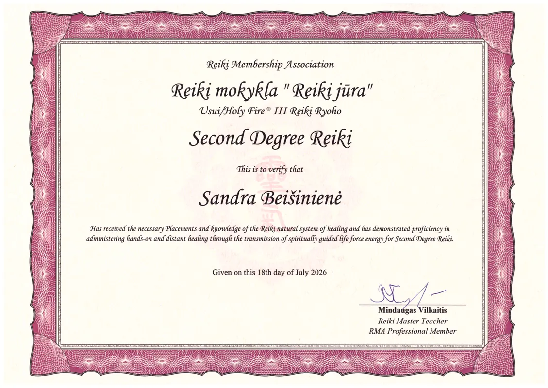 Sandra – sertifikatas: Reiki II pakopa pas Mindaugą Vilkaitį